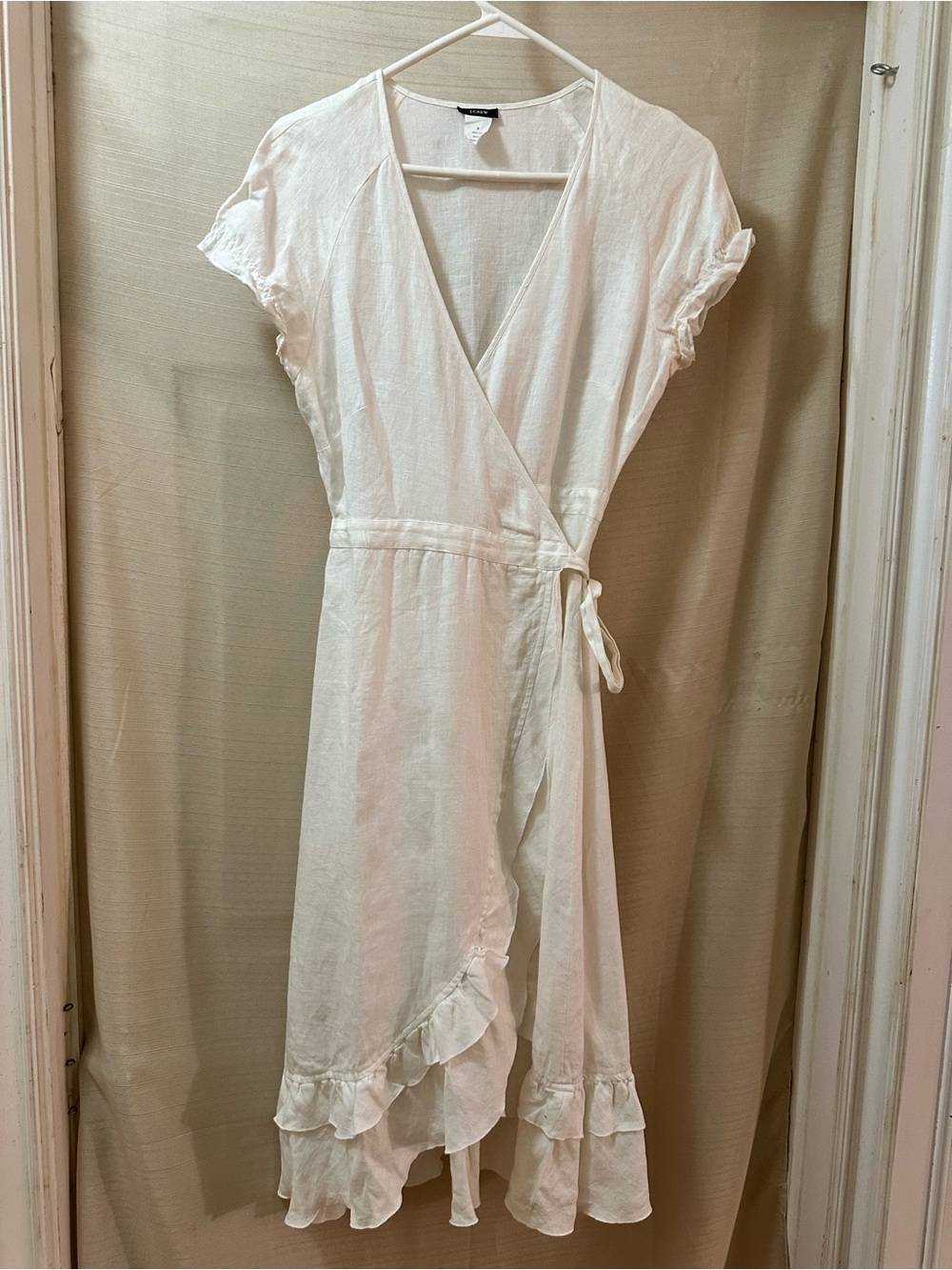 J.Crew White Linen Wrap Dress Ruffle Hem Midi Dress Size 0 Summer Resort